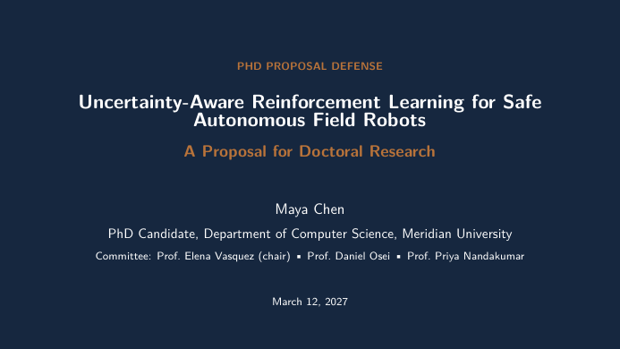 PhD Proposal Defense Slides LaTeX template — first page preview