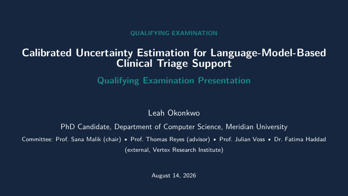 Qualifying Exam Presentation LaTeX template — first page preview