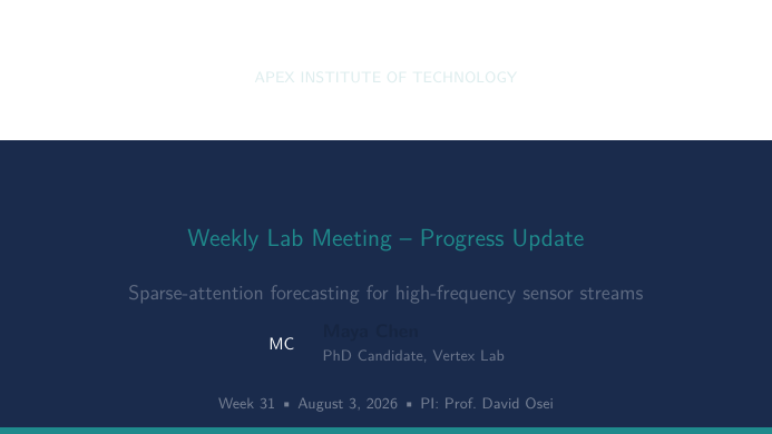 Lab Meeting Progress Slides LaTeX template — first page preview