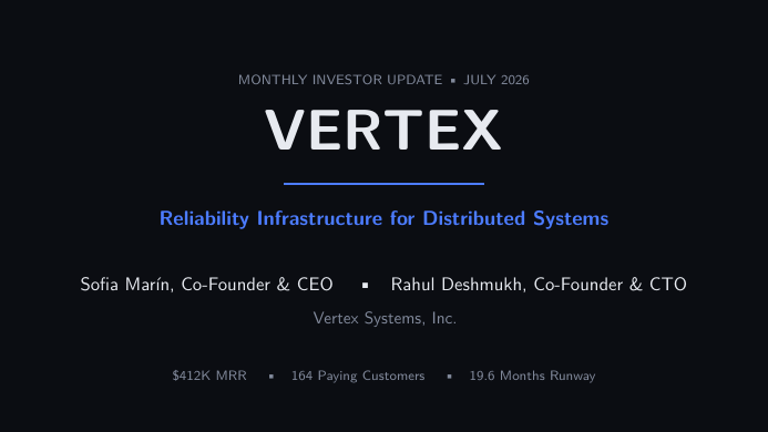 Monthly Investor Update Deck LaTeX template — first page preview