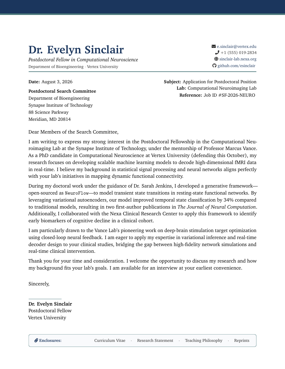 Postdoc Application Cover Letter LaTeX template — first page preview