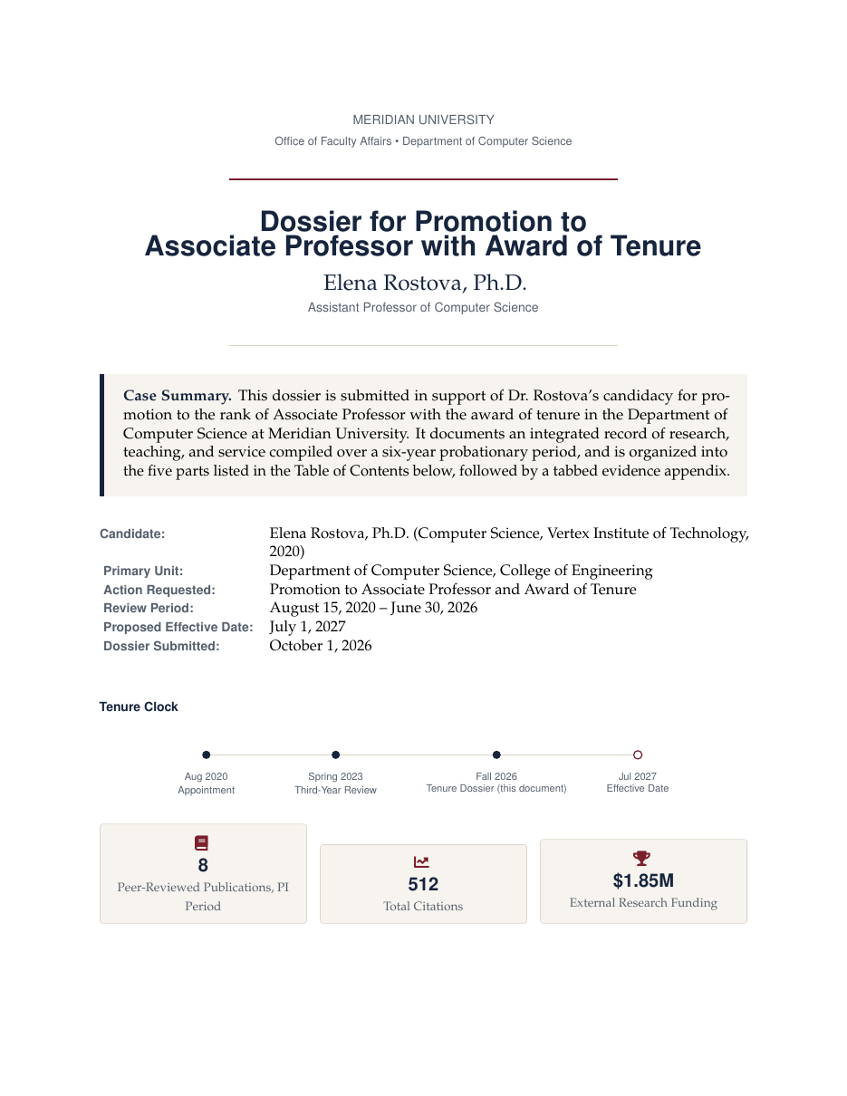 Tenure and Promotion Dossier LaTeX template — first page preview
