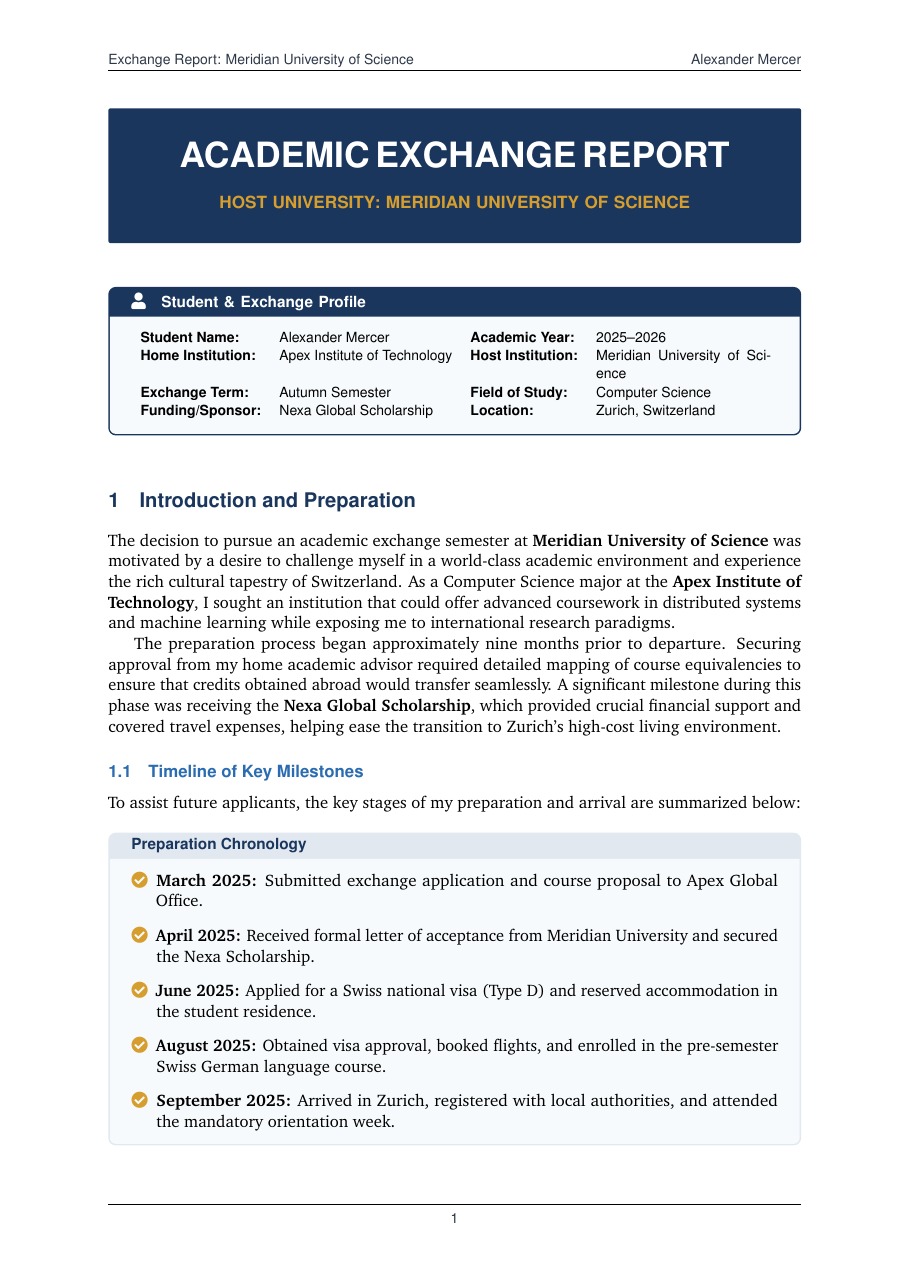 Study Abroad Exchange Report LaTeX template — first page preview