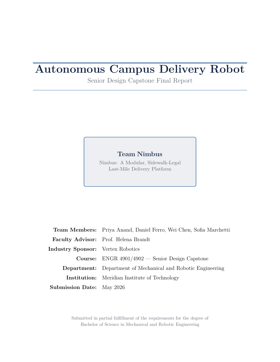 Senior Design Capstone Report LaTeX template — first page preview