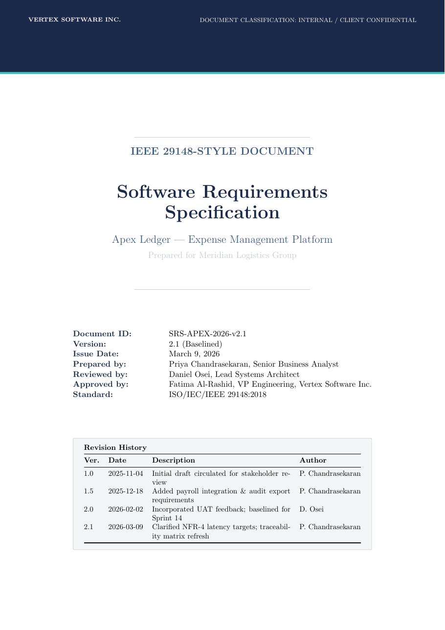Software Requirements Specification LaTeX template — first page preview