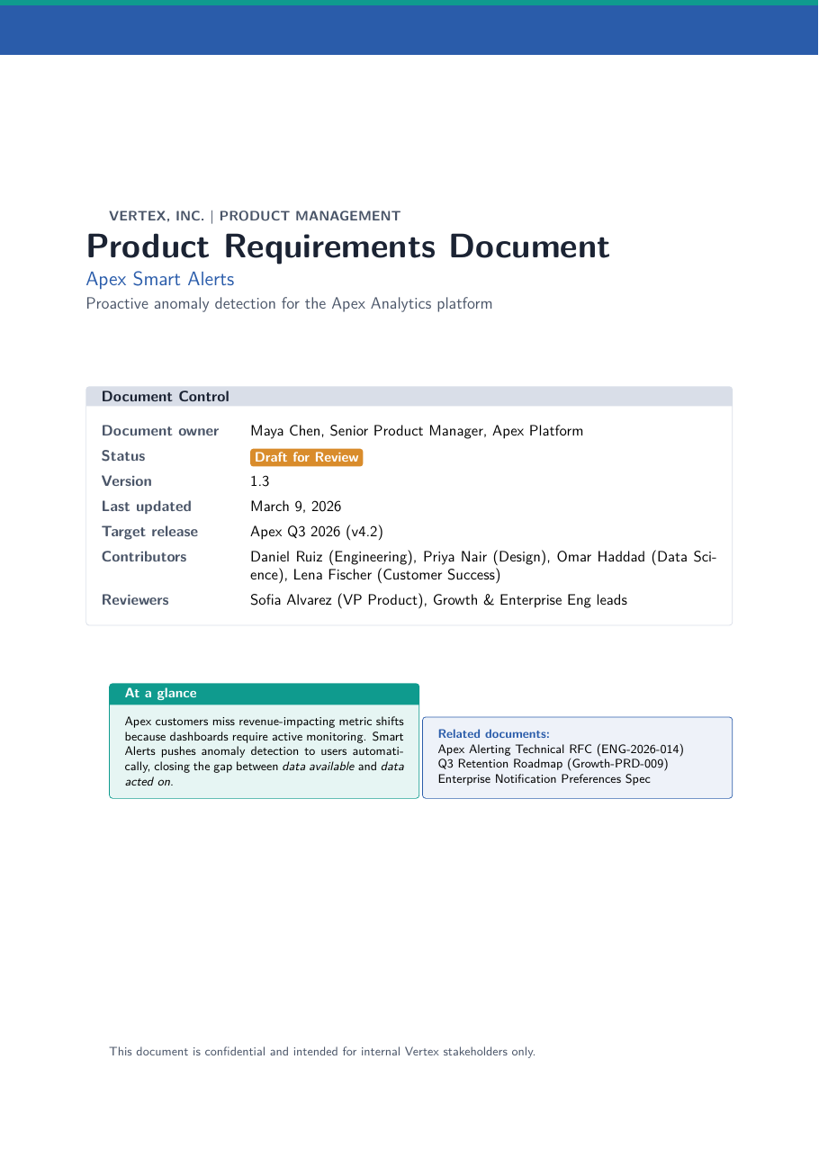 Product Requirements Document LaTeX template — first page preview