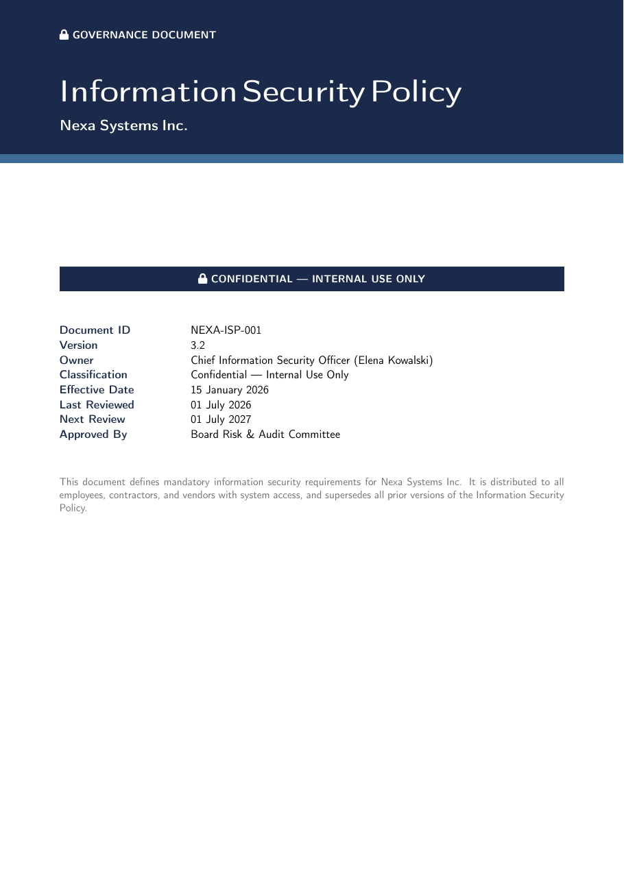 Information Security Policy LaTeX template — first page preview