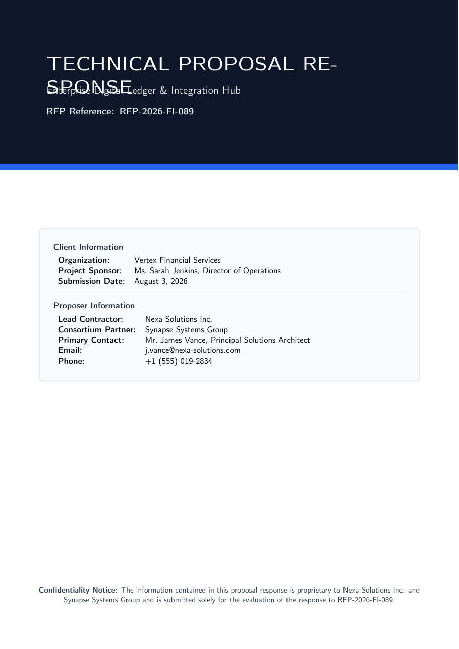 RFP Technical Proposal Response LaTeX template — first page preview