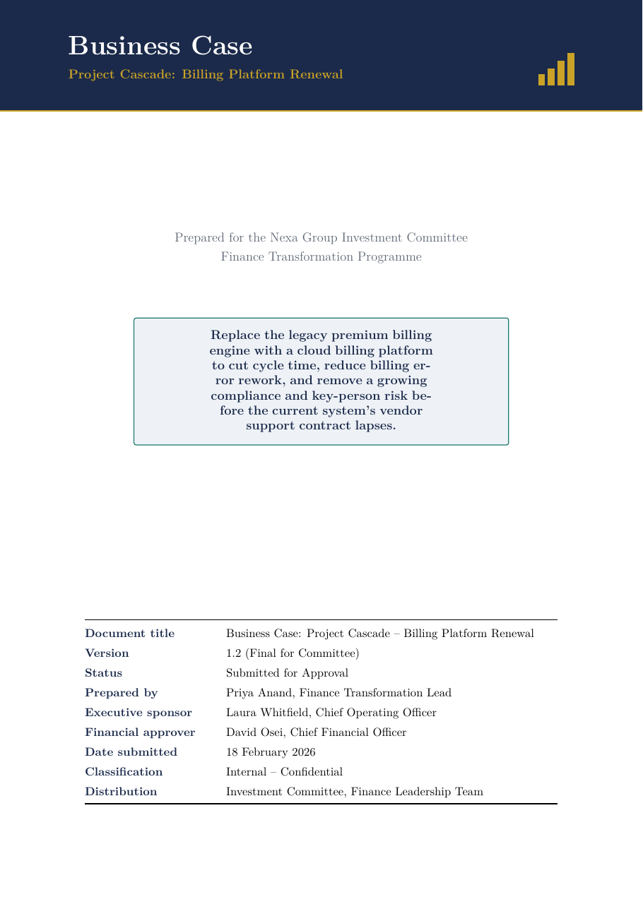 Business Case Document LaTeX template — first page preview