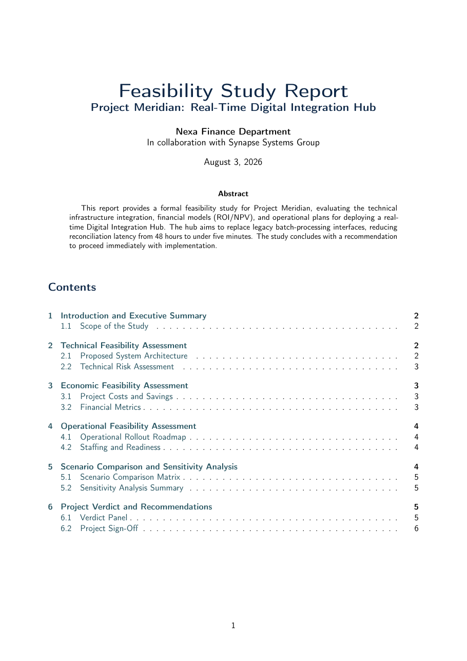Feasibility Study Report LaTeX template — first page preview