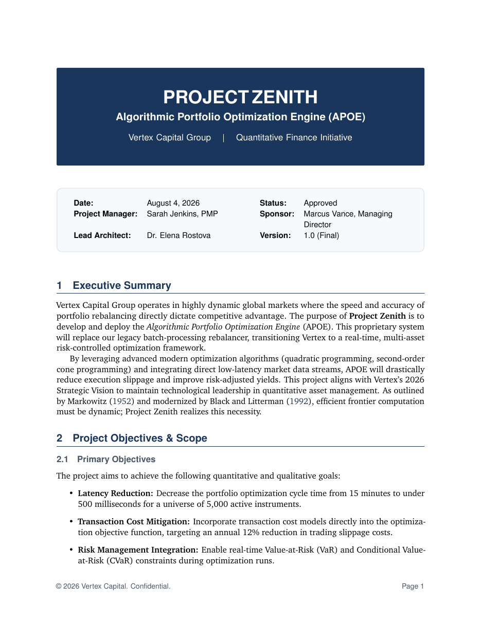 Project Charter LaTeX template — first page preview