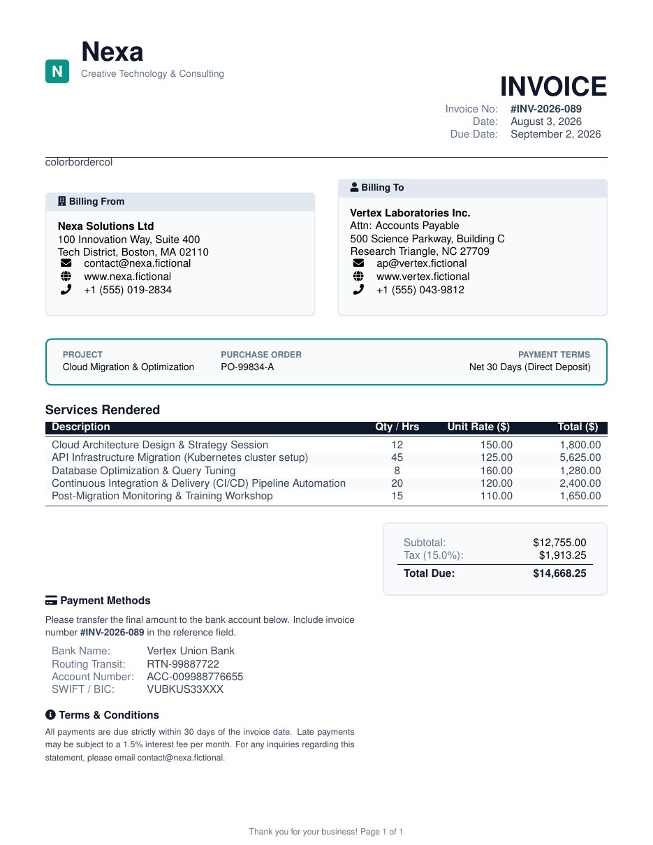 Professional Services Invoice LaTeX template — first page preview