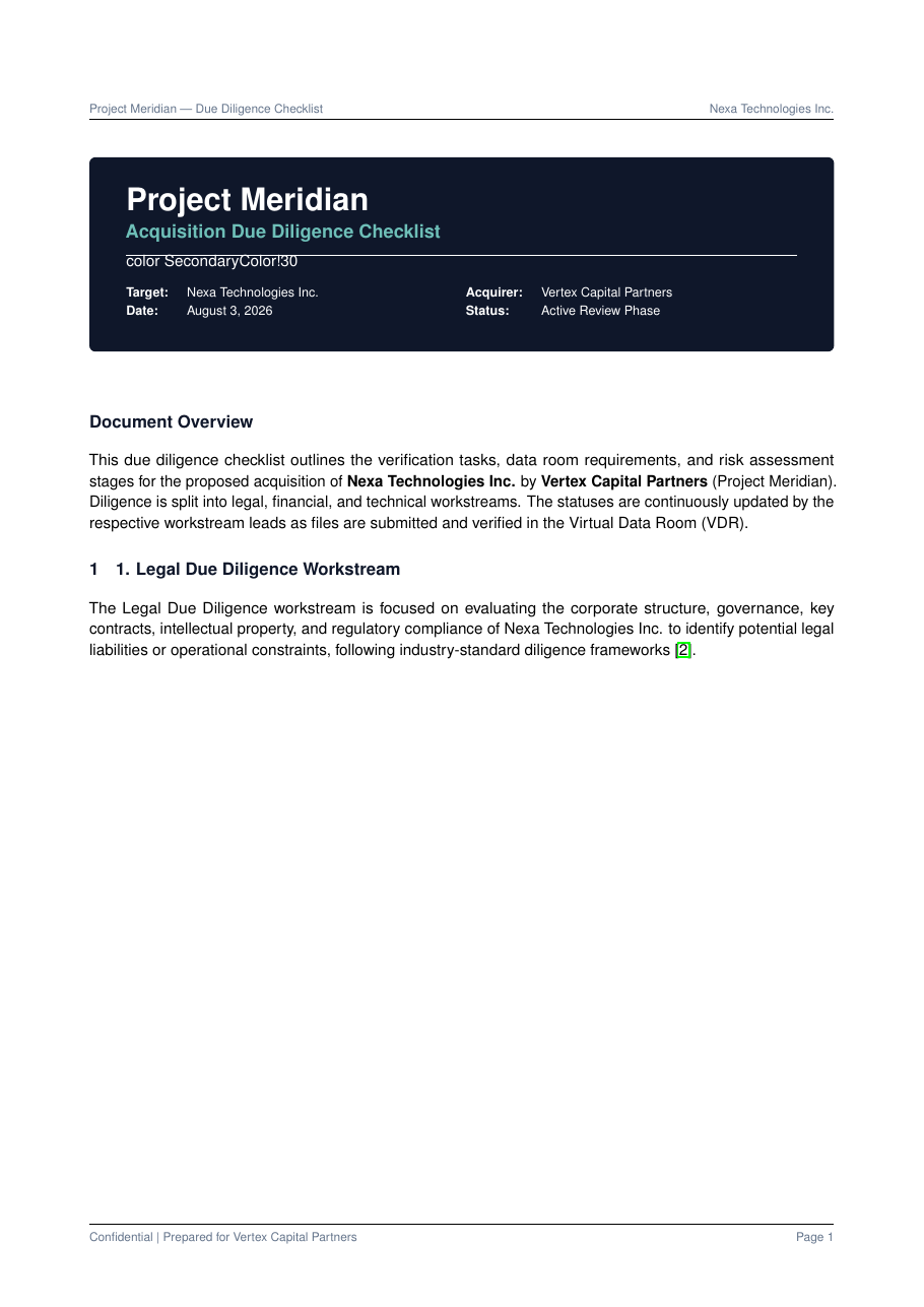 Due Diligence Checklist LaTeX template — first page preview