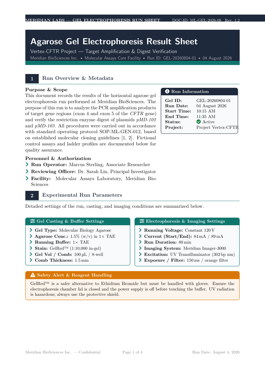 Gel Electrophoresis Result Sheet LaTeX template — first page preview