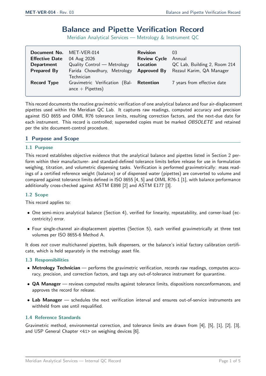 Balance and Pipette Verification Record LaTeX template — first page preview