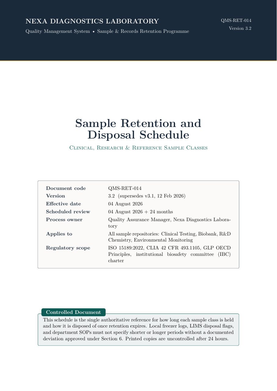 Sample Retention and Disposal Schedule LaTeX template — first page preview