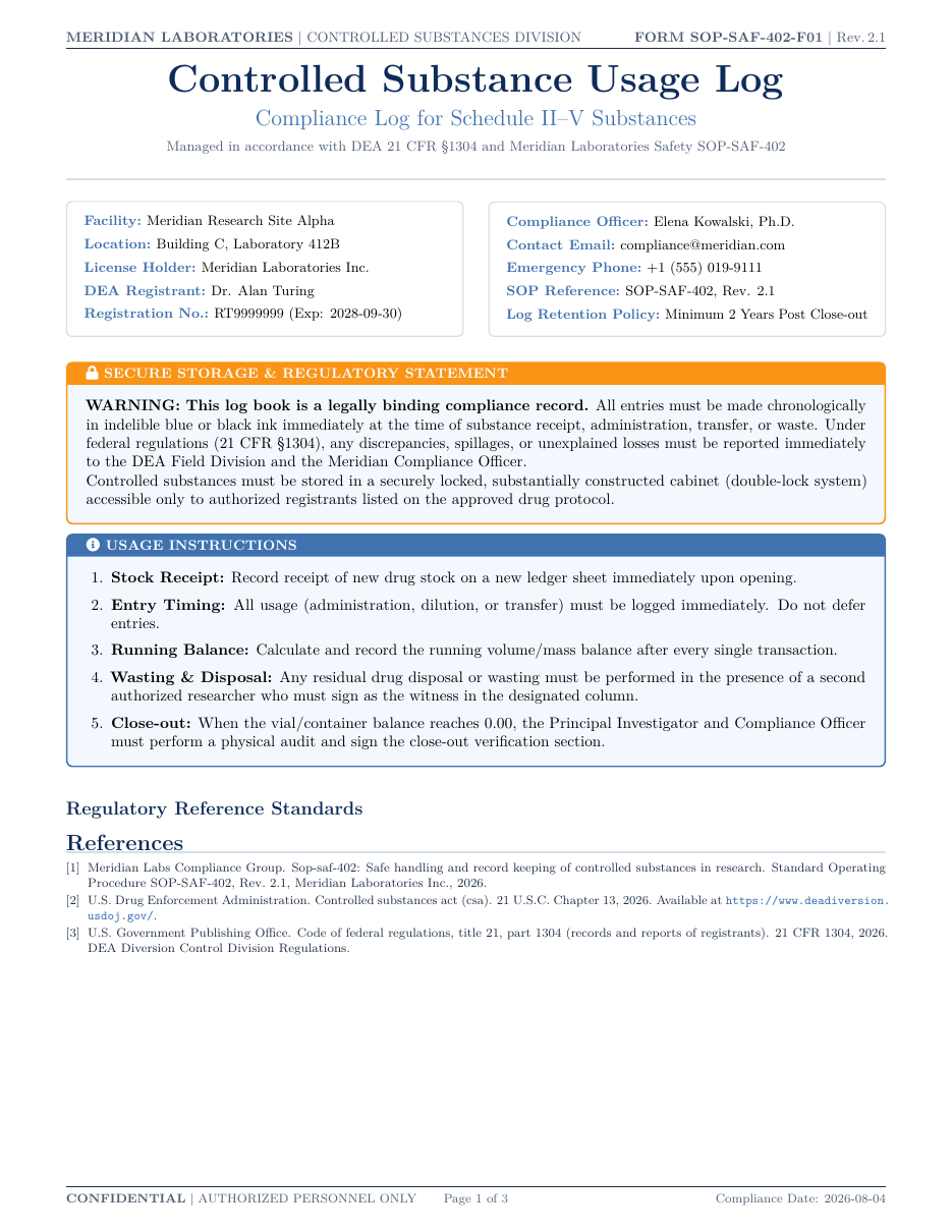 Controlled Substance Usage Log LaTeX template — first page preview