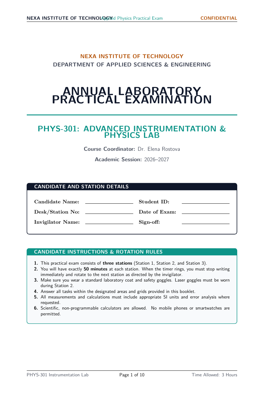 Laboratory Practical Exam Paper LaTeX template — first page preview