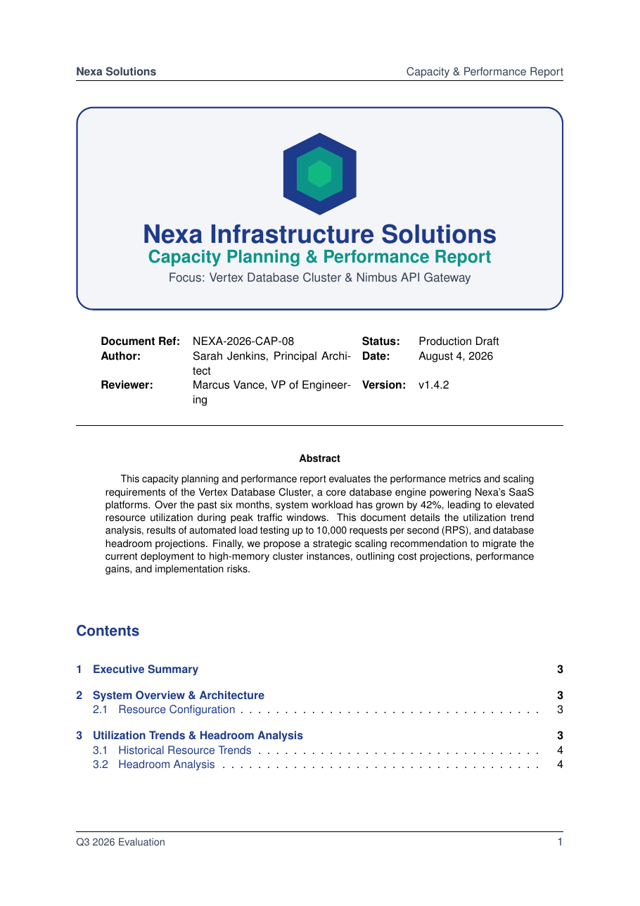 Capacity Planning and Performance Report LaTeX template — first page preview
