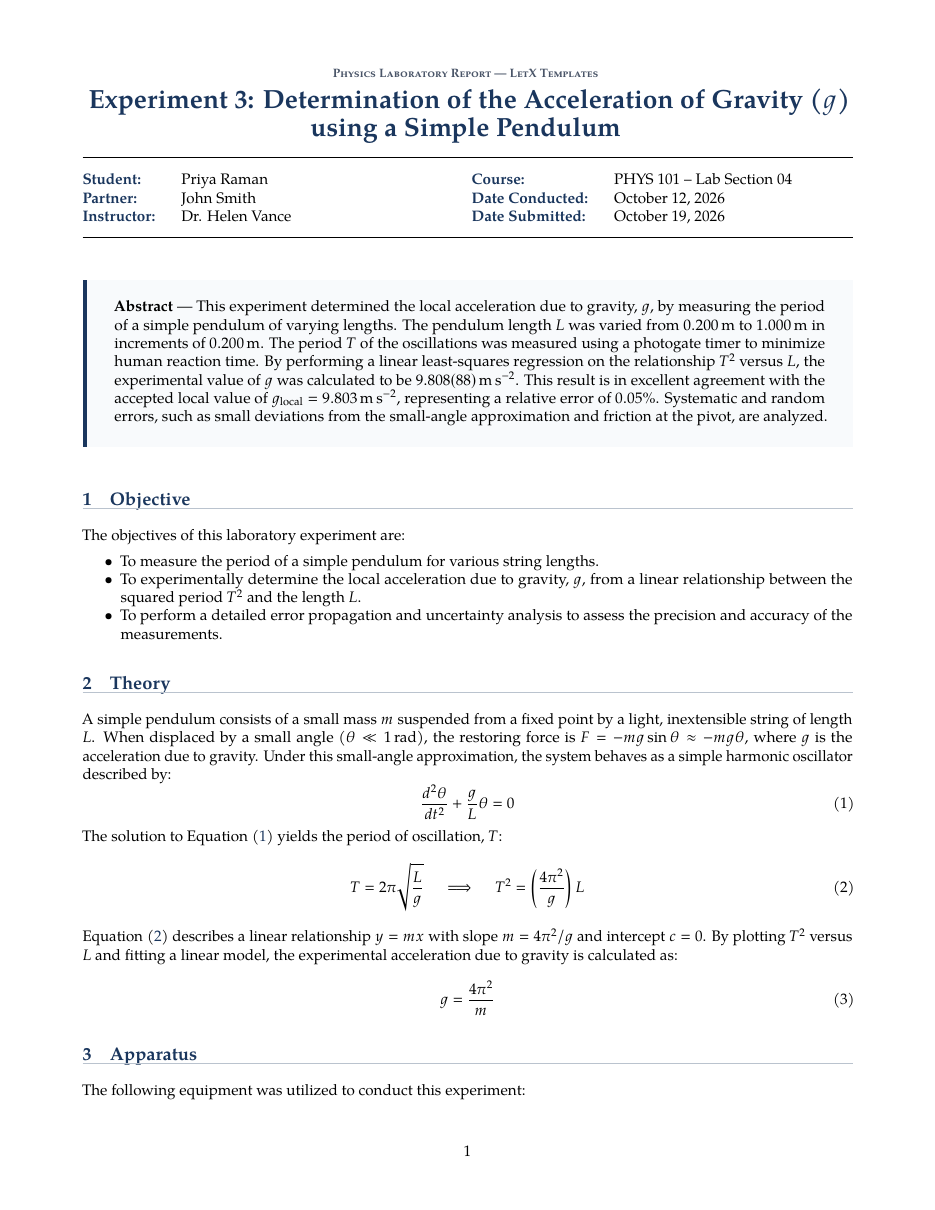 Physics Lab Report LaTeX template — first page preview