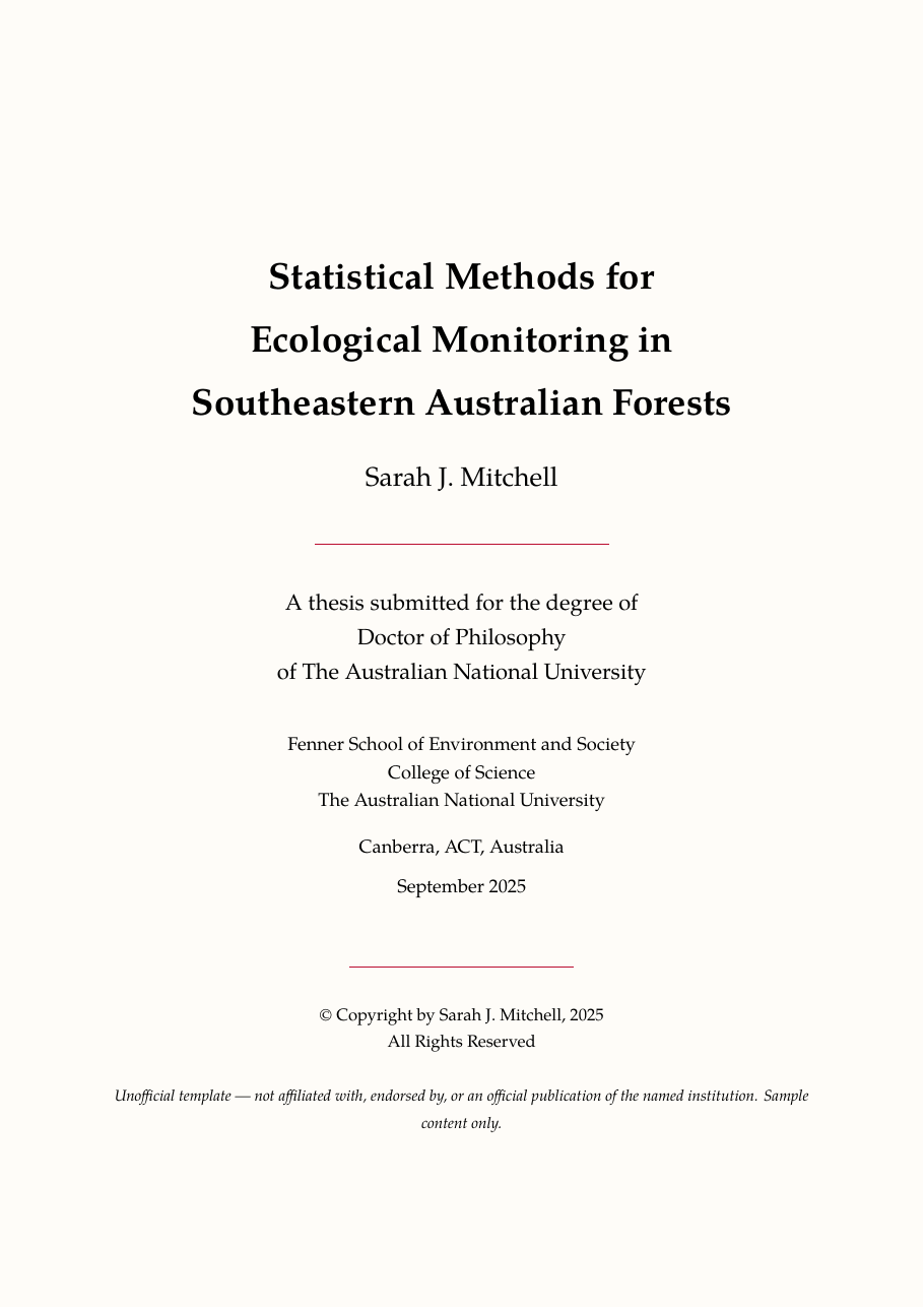 ANU Thesis LaTeX template — first page preview
