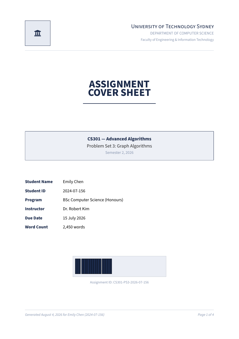 Assignment Cover Sheet LaTeX template — first page preview