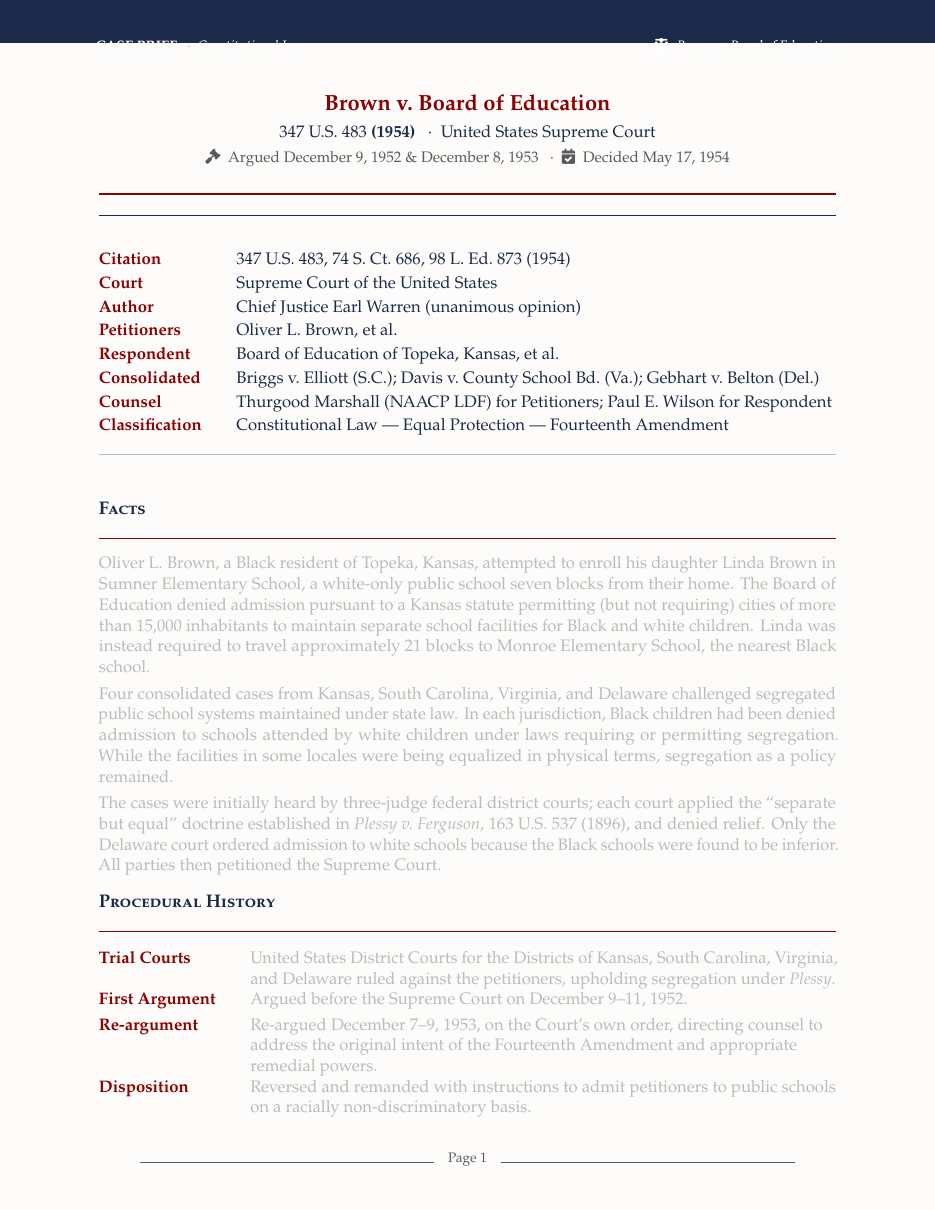 Case Brief (Law School) LaTeX template — first page preview
