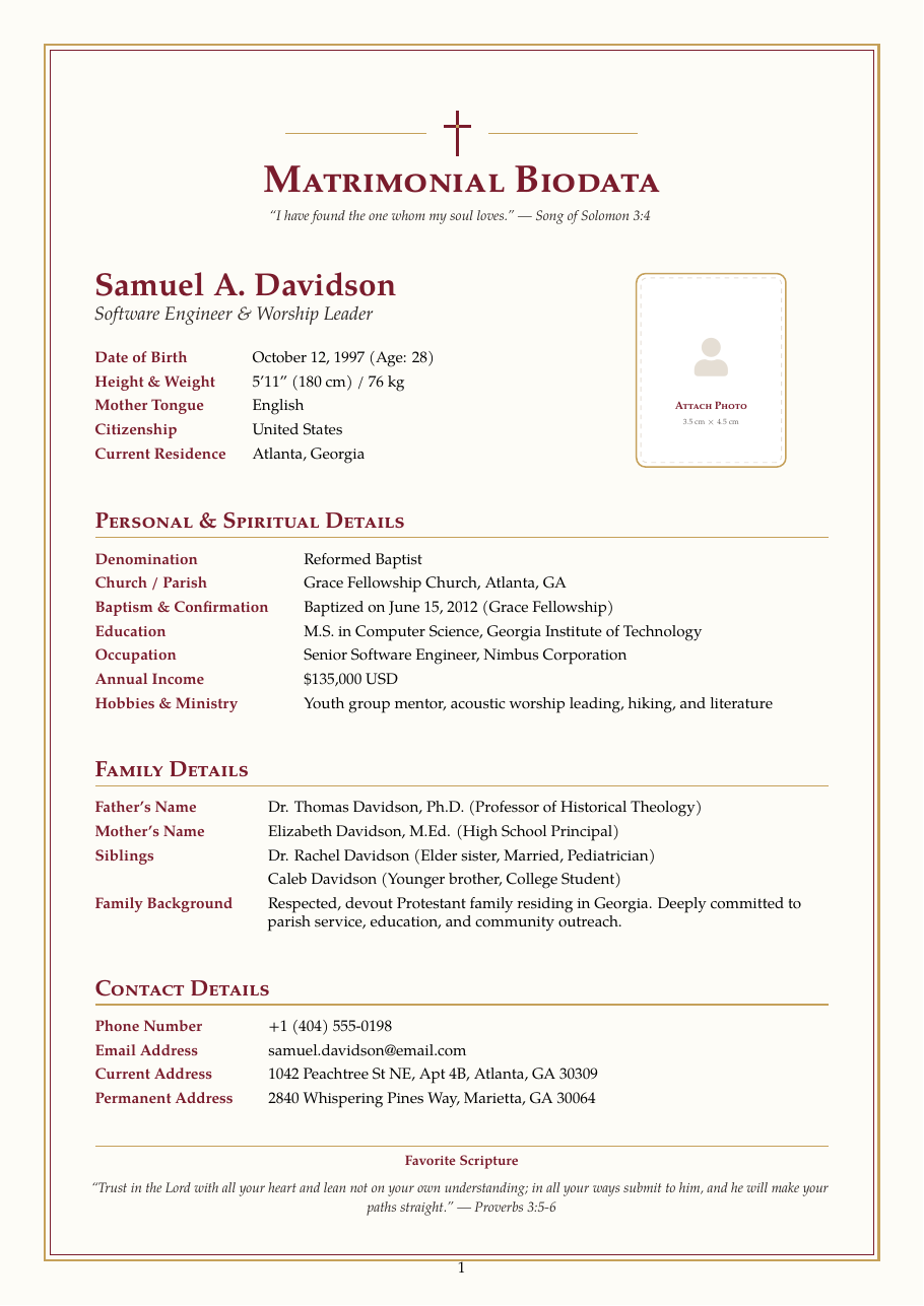 Christian Marriage Biodata LaTeX template — first page preview