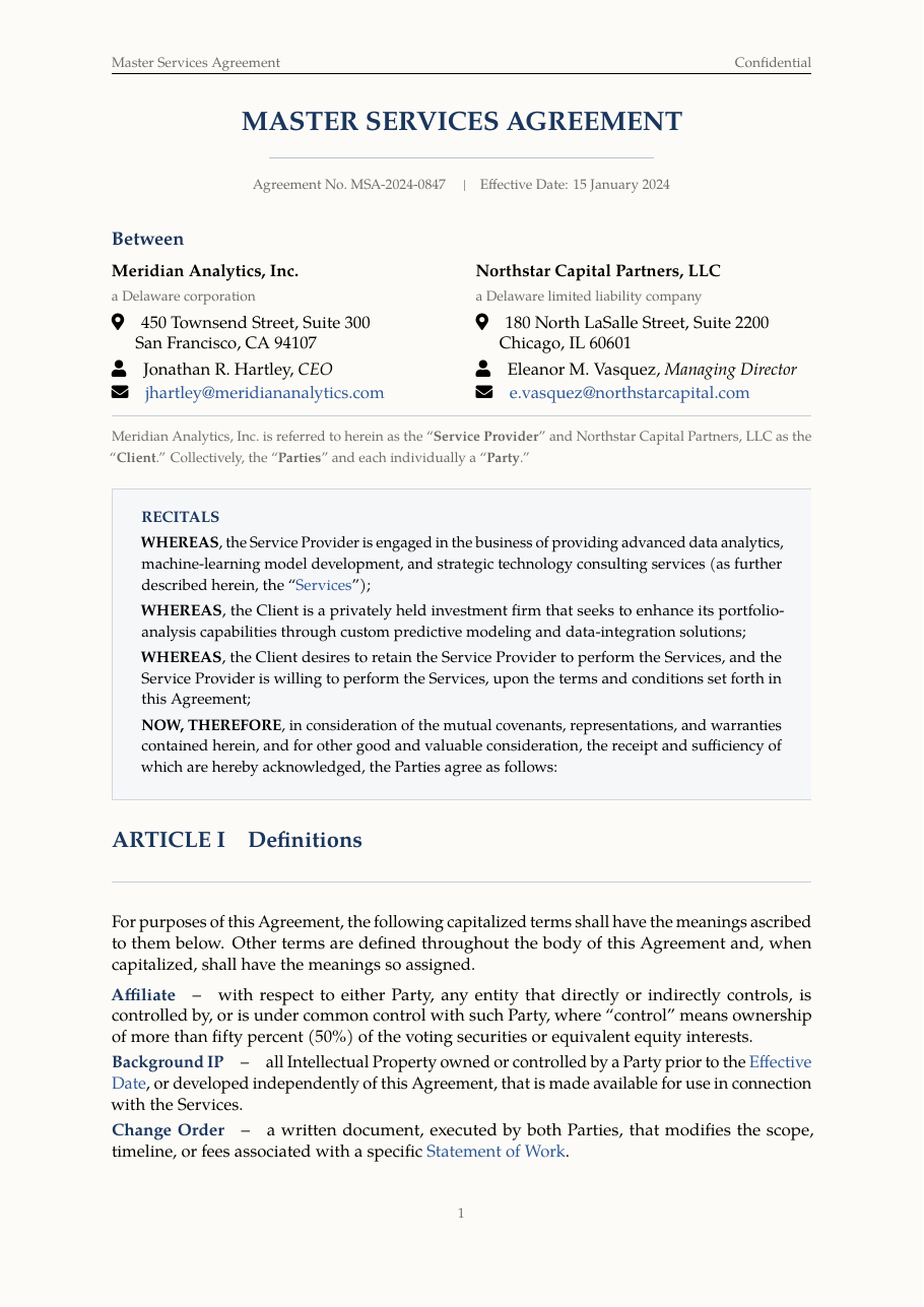 Contract Agreement LaTeX template — first page preview