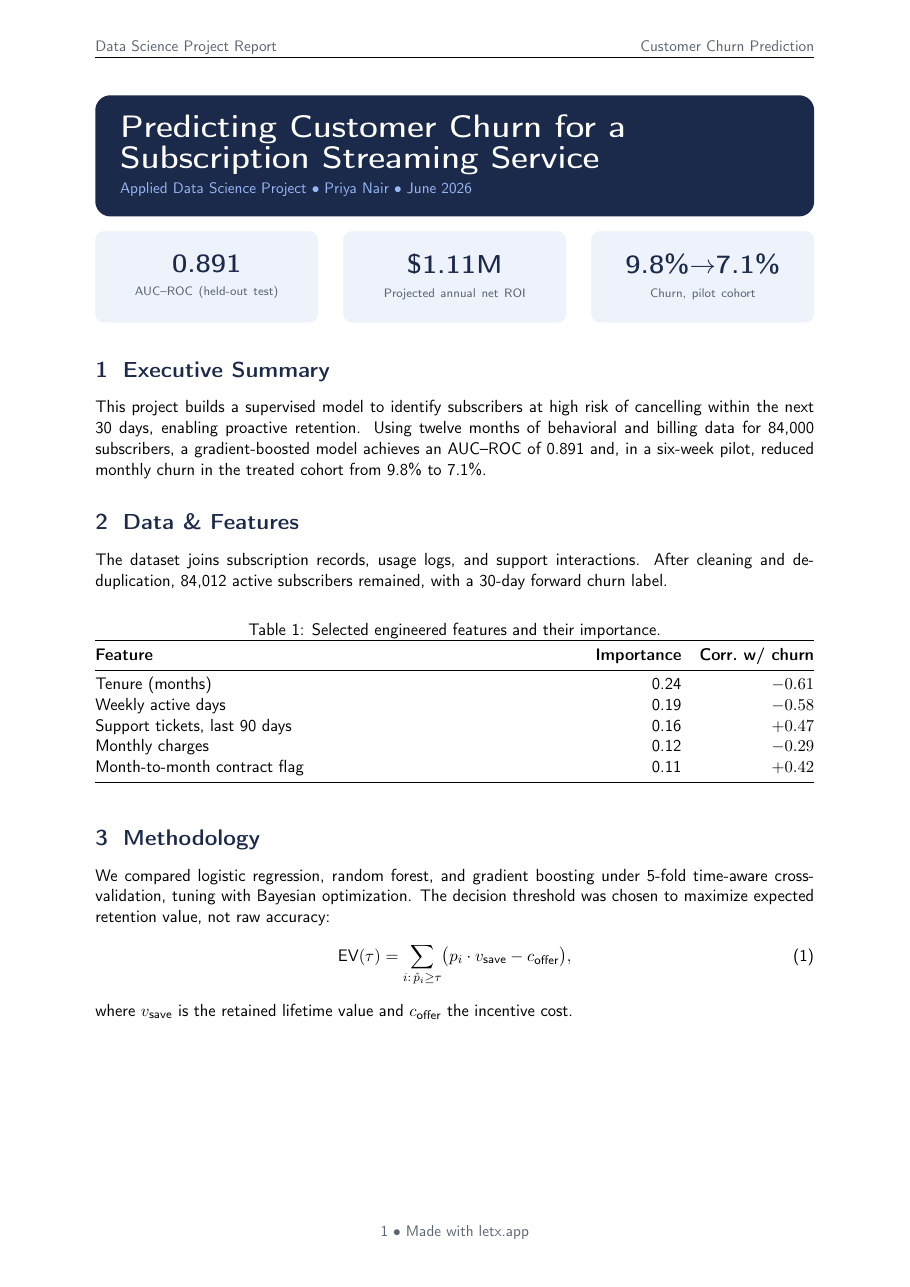 Data Science Project Report LaTeX template — first page preview