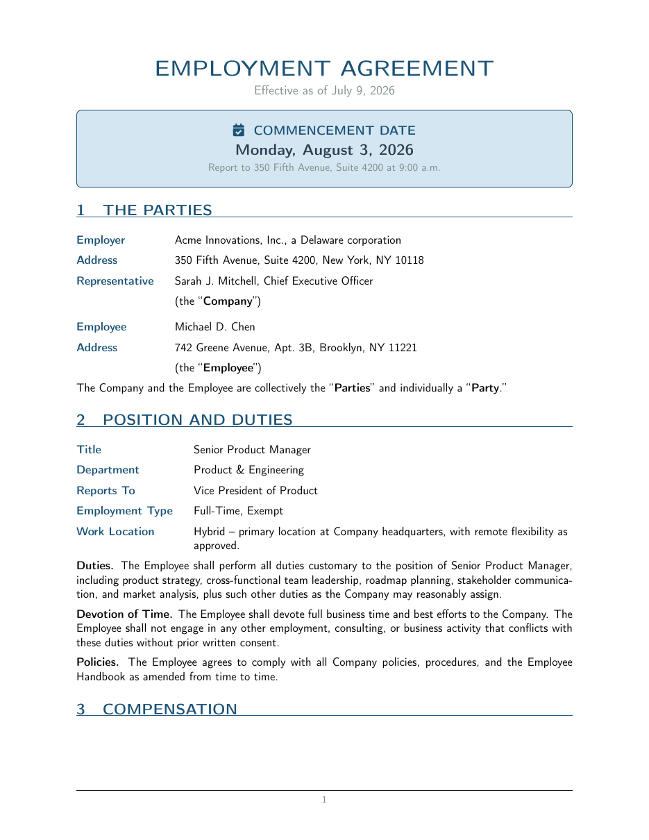 Employment Contract LaTeX template — first page preview