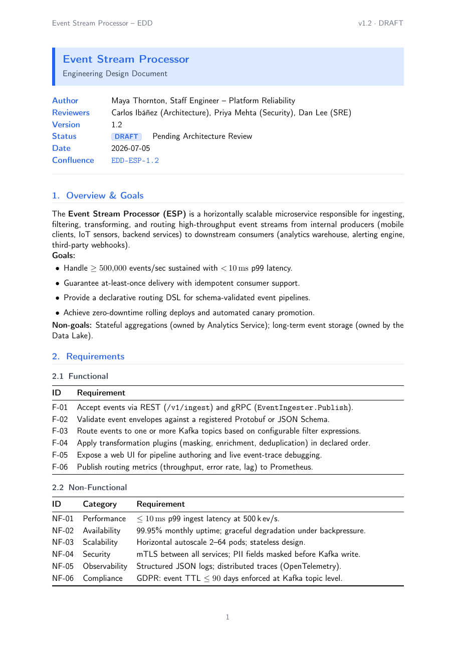 Engineering Design Document LaTeX template — first page preview