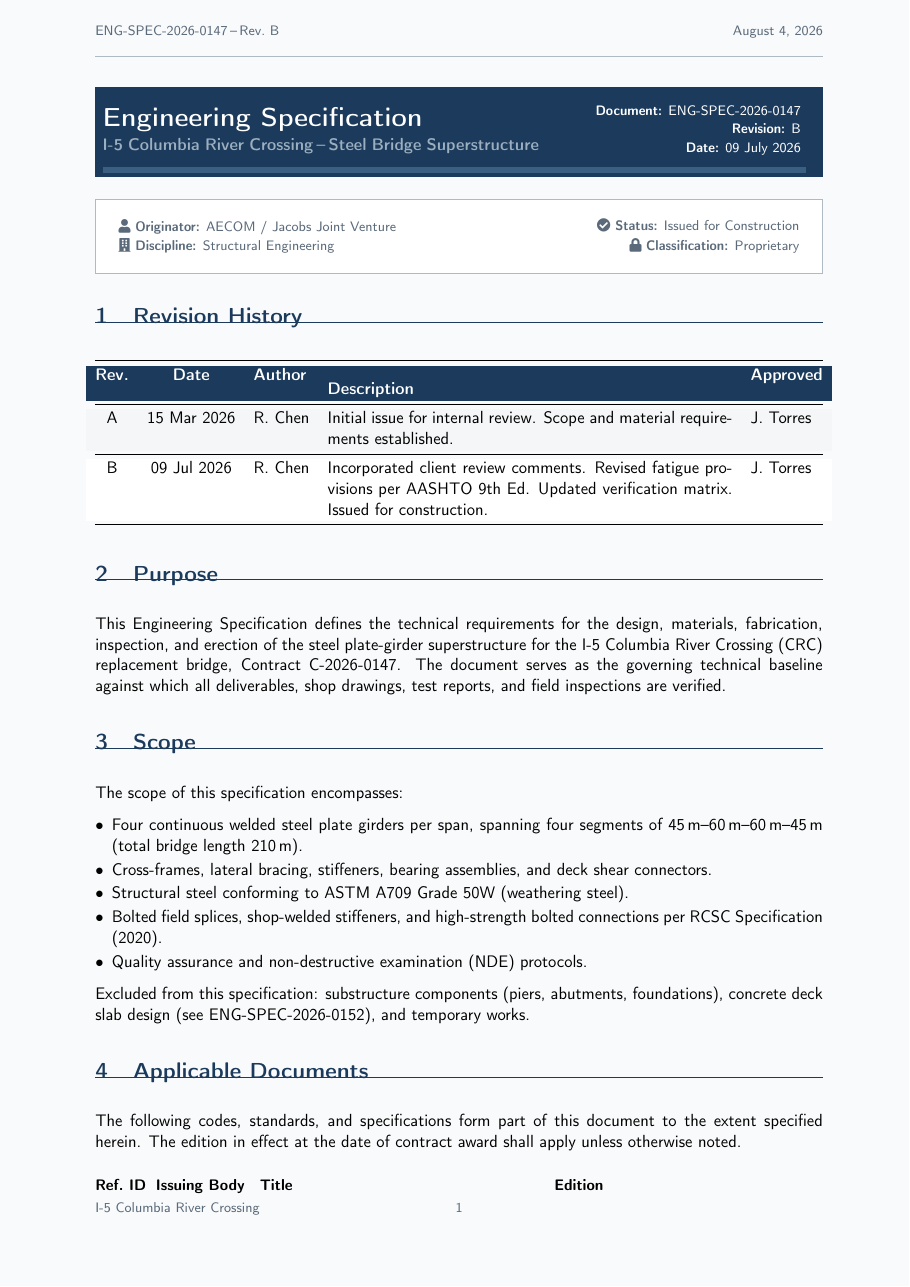 Engineering Specification Document LaTeX template — first page preview