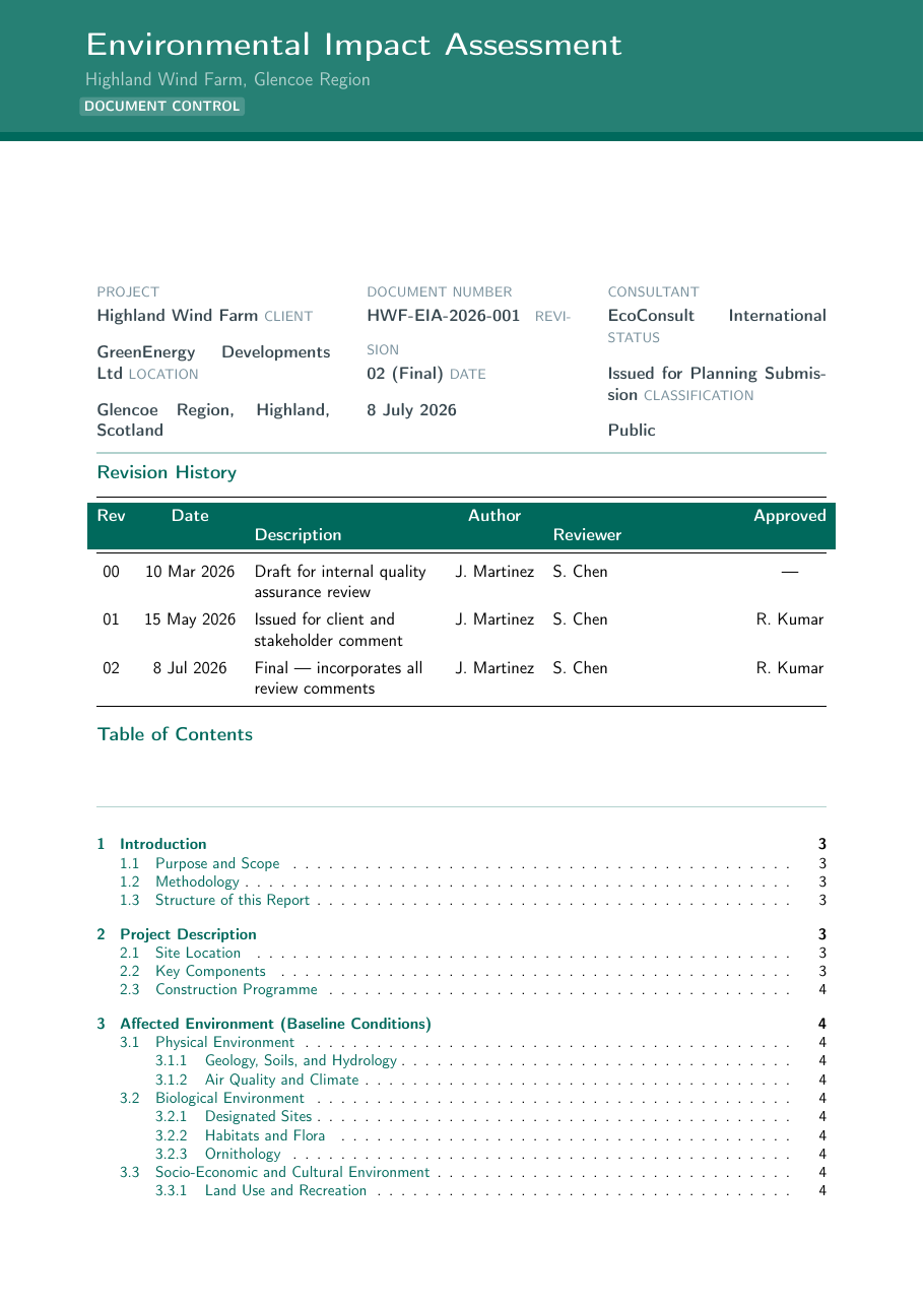 Environmental Impact Assessment LaTeX template — first page preview
