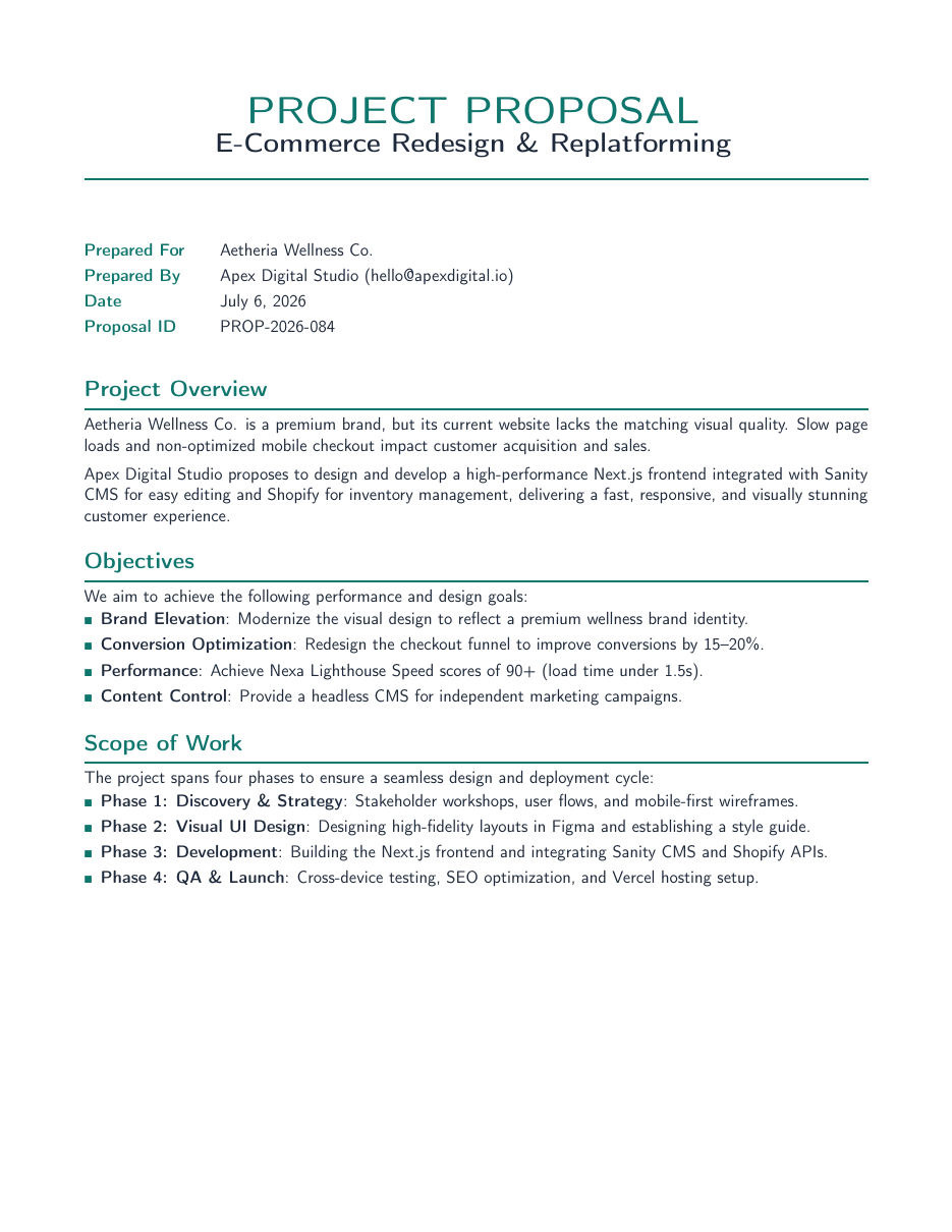 Freelance Project Proposal LaTeX template — first page preview