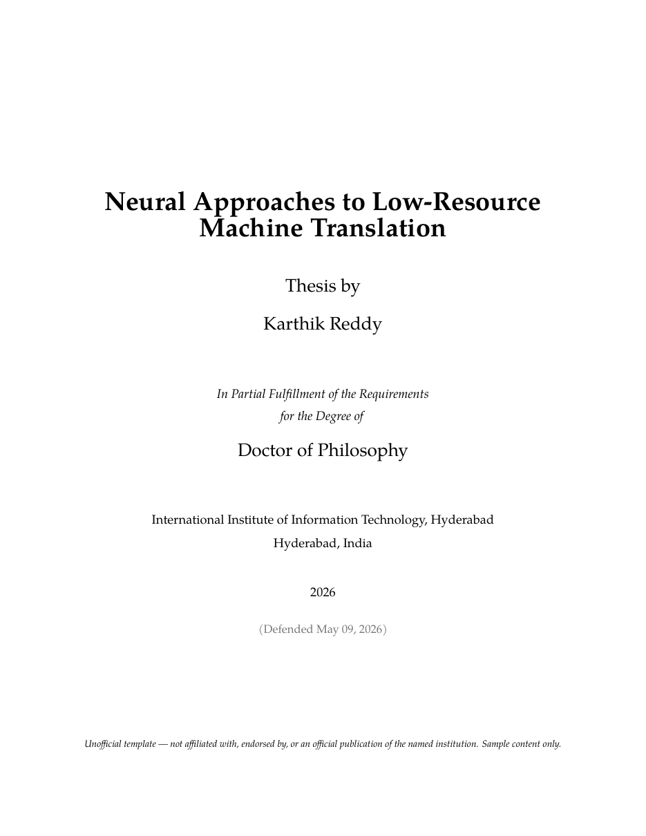 IIIT Hyderabad Thesis LaTeX template — first page preview