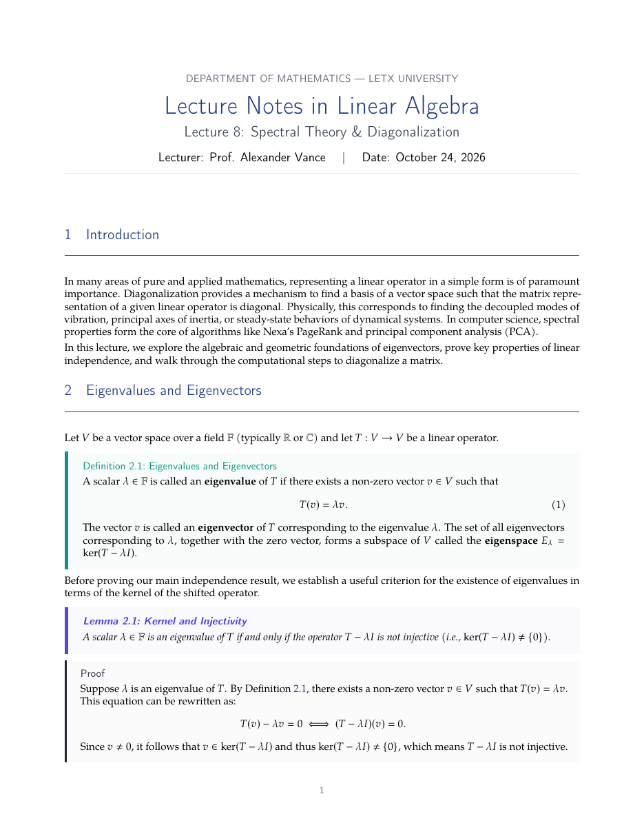 Math Lecture Notes LaTeX template — first page preview