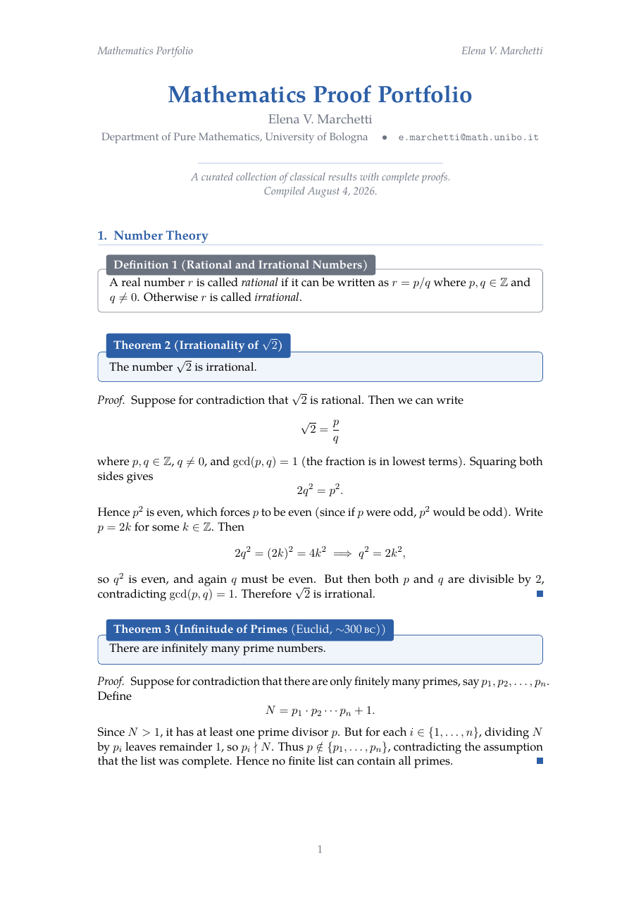 Math Proof Portfolio LaTeX template — first page preview