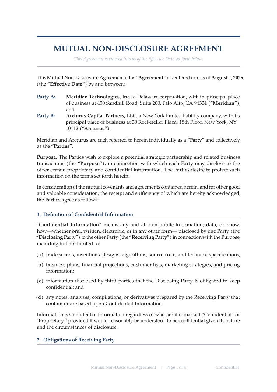 Non-Disclosure Agreement LaTeX template — first page preview