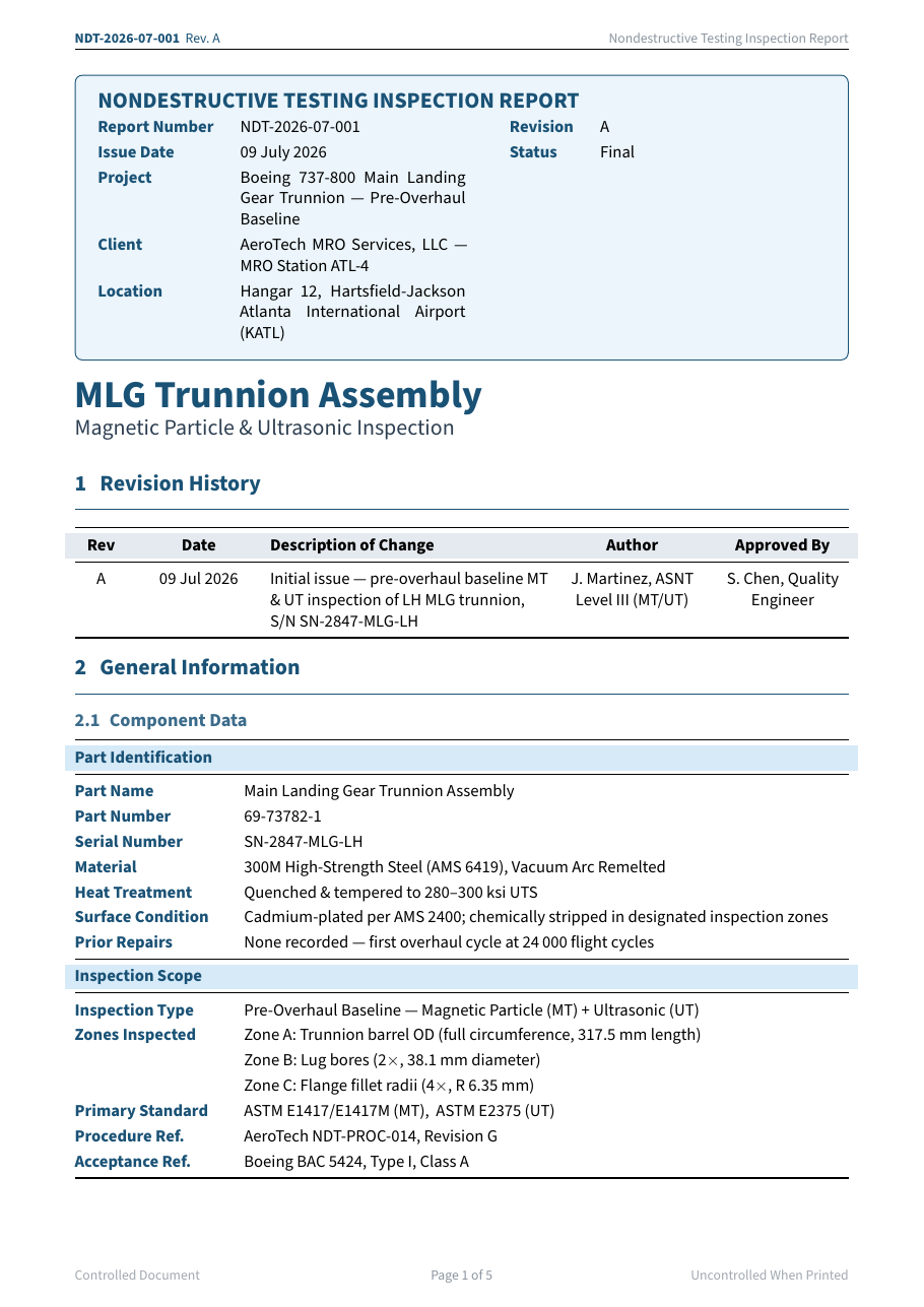 Inspection Report (Nondestructive Testing) LaTeX template — first page preview