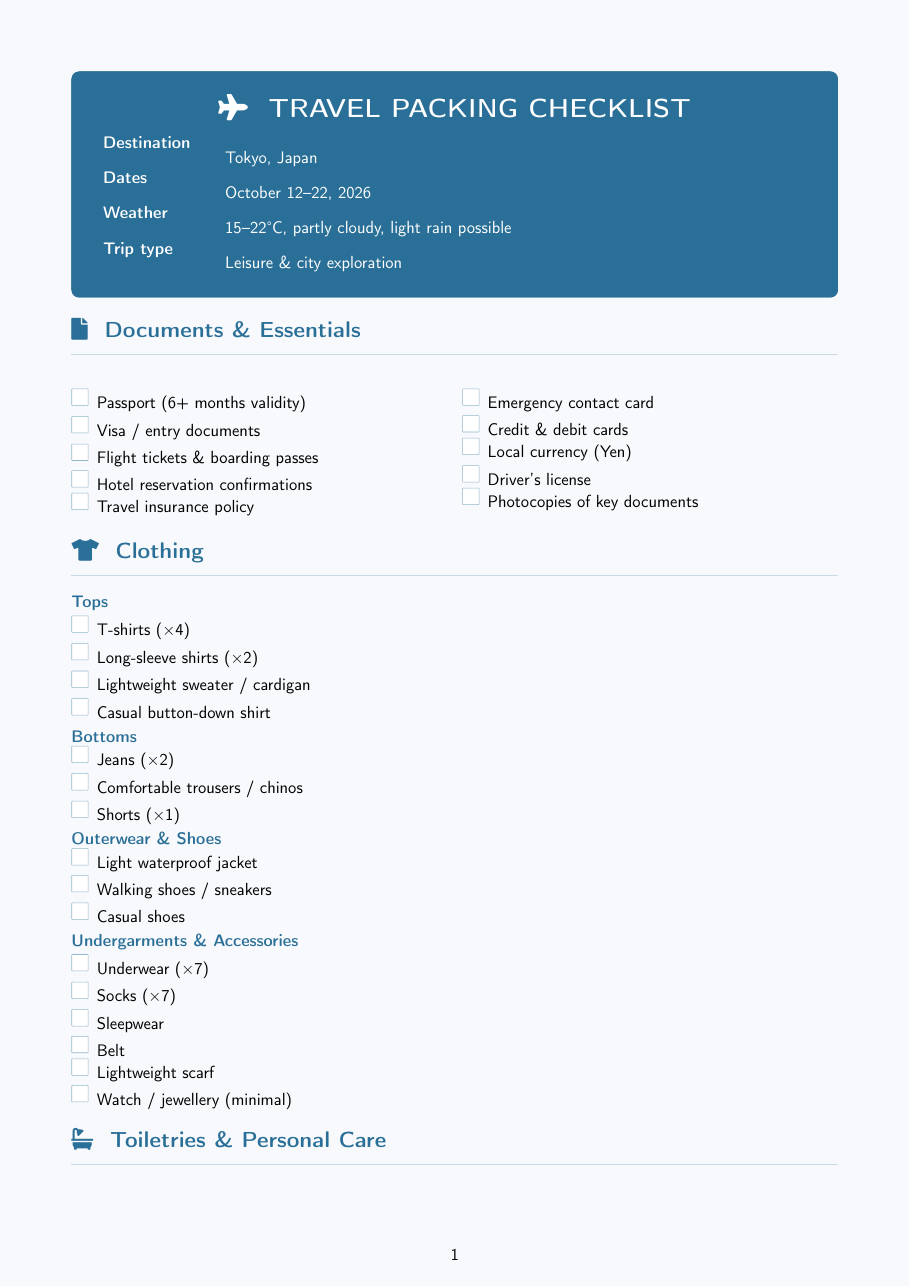 Travel Packing Checklist LaTeX template — first page preview