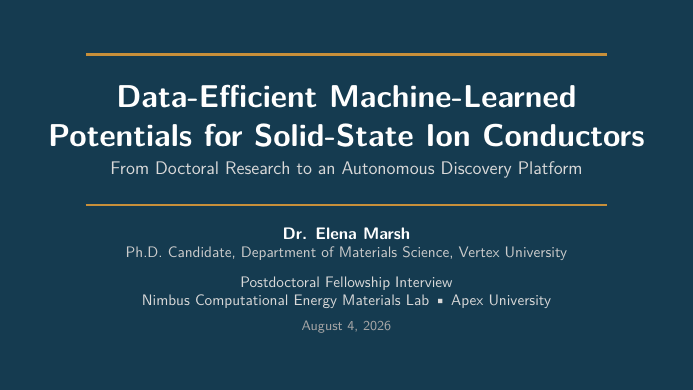 Postdoctoral Fellowship Interview Presentation LaTeX template — first page preview