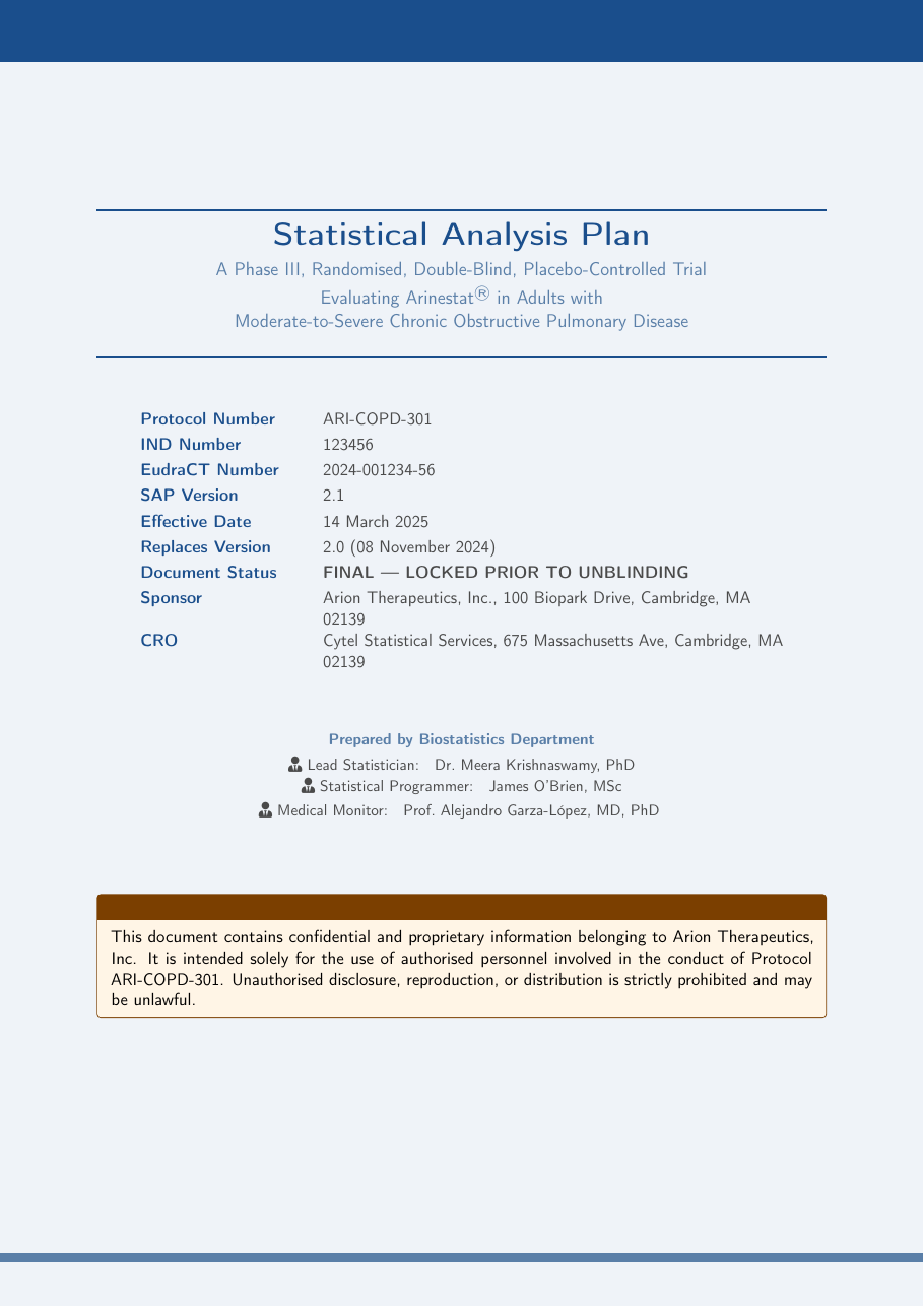 Statistical Analysis Plan (SAP) LaTeX template — first page preview