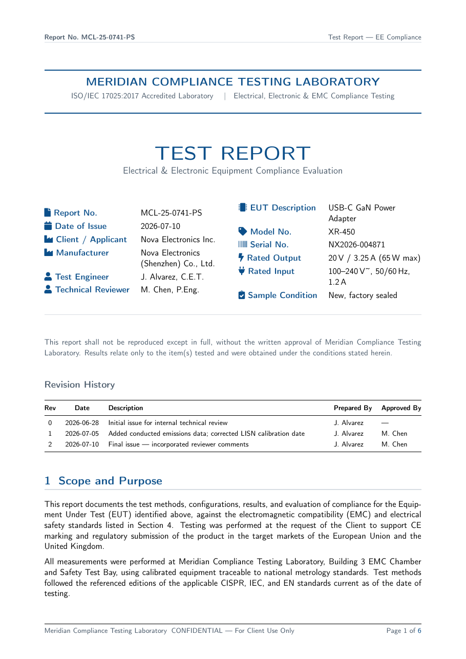 Test Report (EE Compliance) LaTeX template — first page preview