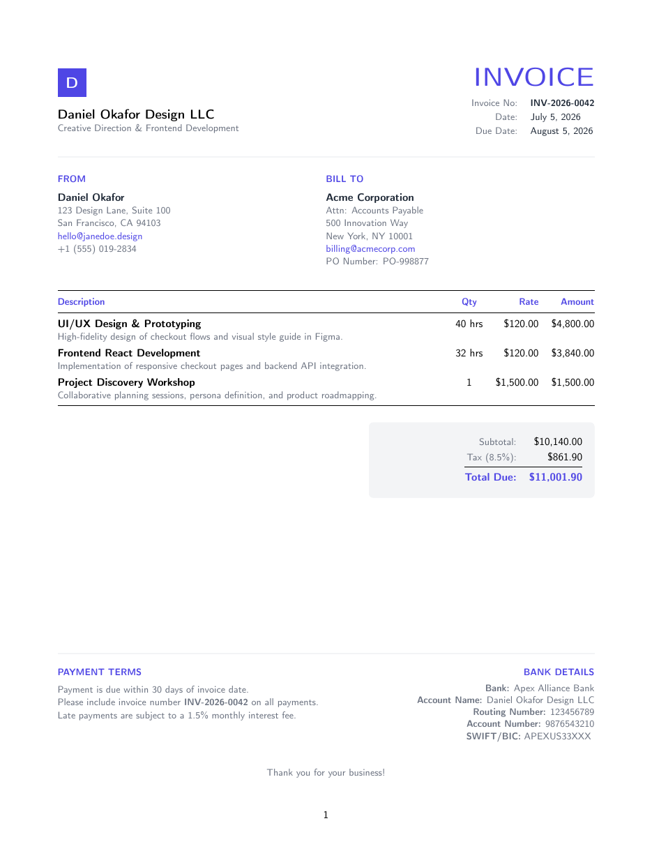 Freelance Invoice LaTeX template — first page preview