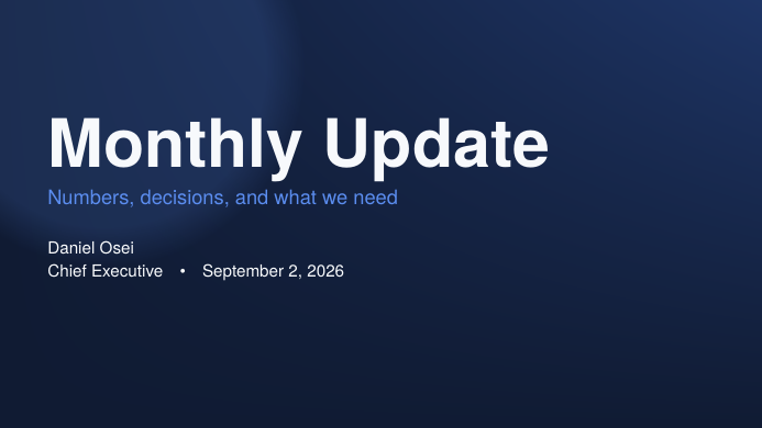 Glass Investor Update Deck LaTeX template, first page preview