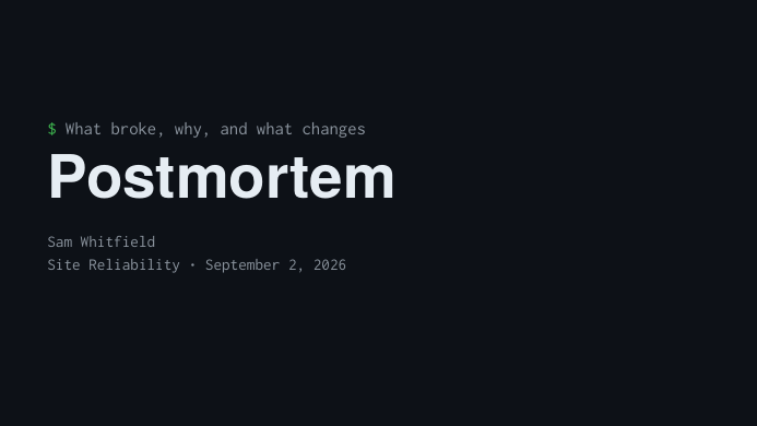 Terminal Incident Postmortem Deck LaTeX template, first page preview