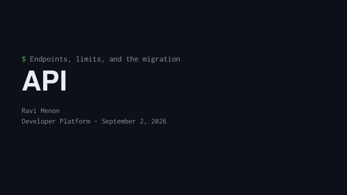 Terminal API Launch Deck LaTeX template, first page preview