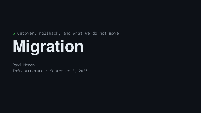 Terminal Migration Plan Deck LaTeX template, first page preview
