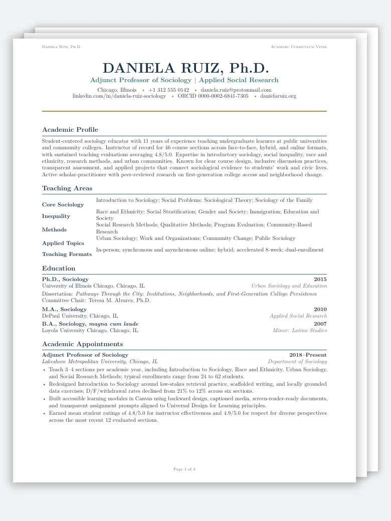 Academic Adjunct Professor CV preview